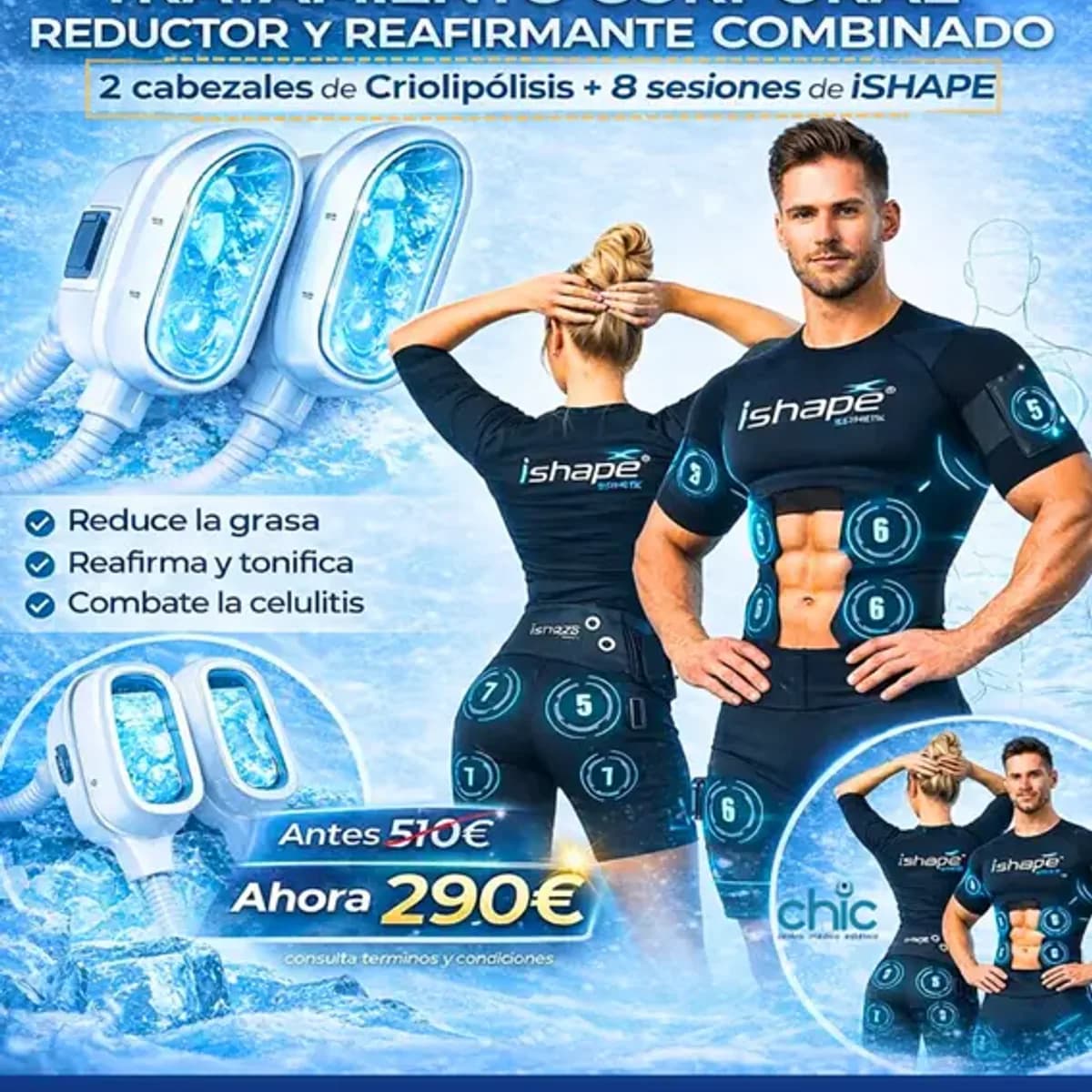 Pack Combo Total Body: 2 Zonas Criolipólisis + 8 Sesiones iSHAPE (Reductor y Reafirmante)
