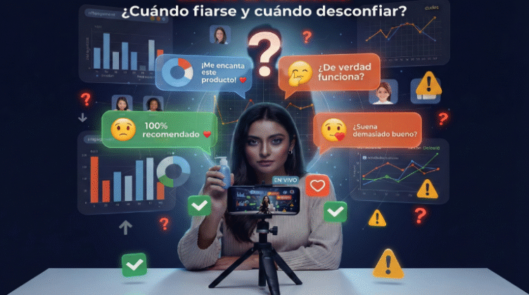 Una influencer analizando un producto con gráficos de métricas y comentarios de usuarios que expresan duda y entusiasmo.