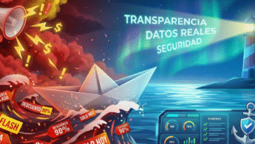 Ilustración conceptual dividida. A la izquierda, un barco de papel atrapado en una tormenta de etiquetas rojas de "OFERTA FLASH" y "DESCUENTO 90%" con humo y rayos. A la derecha, un faro ilumina aguas tranquilas con las palabras "TRANSPARENCIA, DATOS REALES, SEGURIDAD" y un panel de control con métricas verificadas y un ancla con escudo.