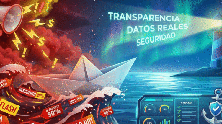Ilustración conceptual dividida. A la izquierda, un barco de papel atrapado en una tormenta de etiquetas rojas de "OFERTA FLASH" y "DESCUENTO 90%" con humo y rayos. A la derecha, un faro ilumina aguas tranquilas con las palabras "TRANSPARENCIA, DATOS REALES, SEGURIDAD" y un panel de control con métricas verificadas y un ancla con escudo.