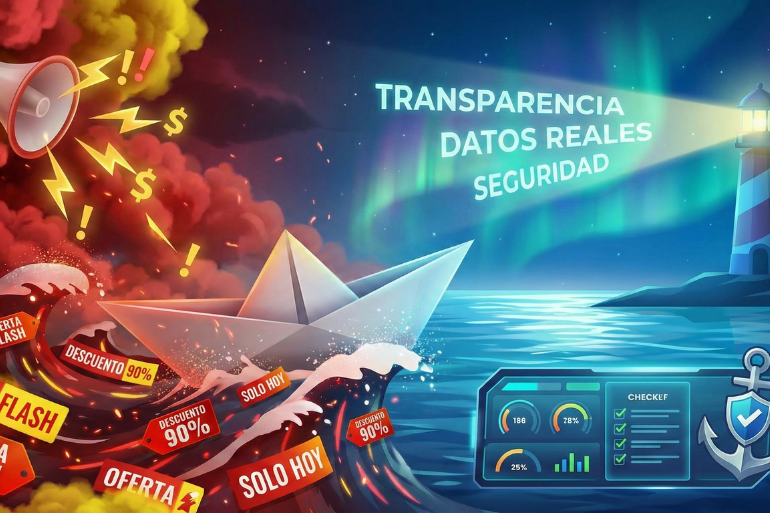 Ilustración conceptual dividida. A la izquierda, un barco de papel atrapado en una tormenta de etiquetas rojas de "OFERTA FLASH" y "DESCUENTO 90%" con humo y rayos. A la derecha, un faro ilumina aguas tranquilas con las palabras "TRANSPARENCIA, DATOS REALES, SEGURIDAD" y un panel de control con métricas verificadas y un ancla con escudo.