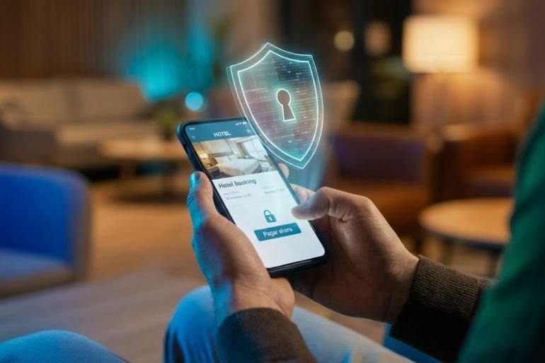 Usuario analizando la seguridad de una plataforma para realizar reservas online seguras de hotel.