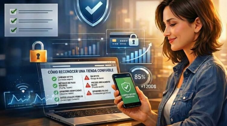 Mujer joven revisando una checklist de seguridad en su portátil y móvil para verificar la fiabilidad de una tienda online.