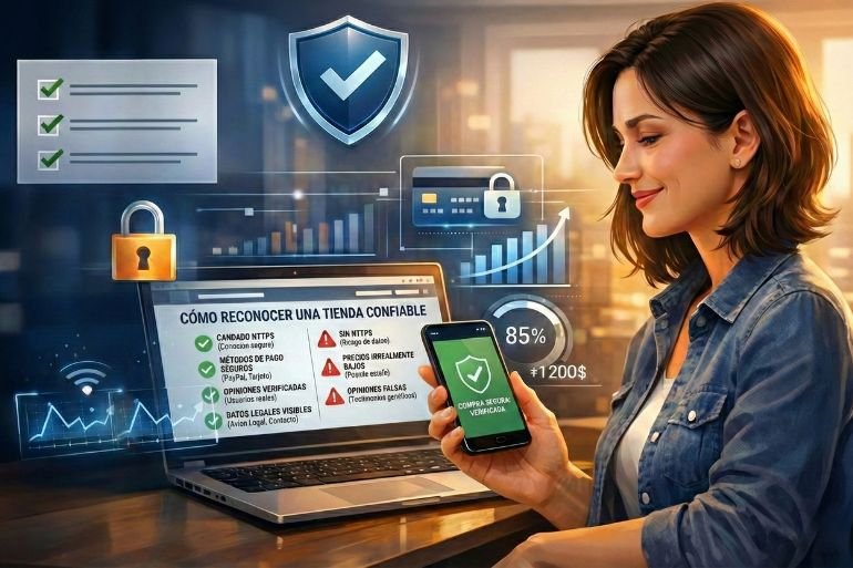 Mujer joven revisando una checklist de seguridad en su portátil y móvil para verificar la fiabilidad de una tienda online.