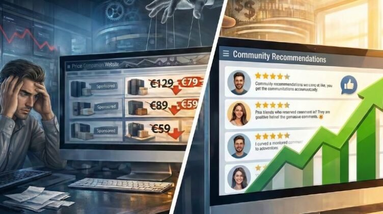 Ilustración de pantalla dividida. A la izquierda, en un entorno oscuro, un emprendedor estresado es manipulado por una mano de titiritero mientras mira un comparador de precios con anuncios patrocinados y flechas de pérdidas. A la derecha, en un entorno luminoso, una pantalla muestra recomendaciones auténticas de una comunidad, perfiles de usuarios contentos y un gran gráfico de crecimiento verde ascendente.