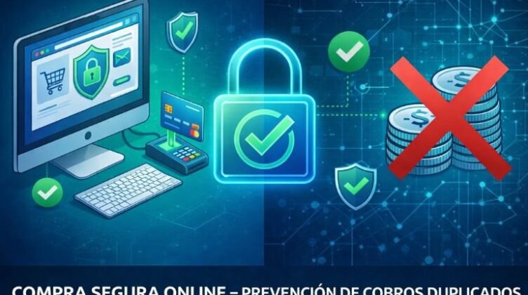Infografía de Chollones sobre compra segura online: candado de seguridad y prevención de cobros duplicados en ecommerce.