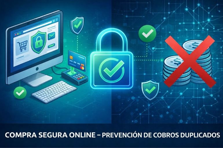 Infografía de Chollones sobre compra segura online: candado de seguridad y prevención de cobros duplicados en ecommerce.