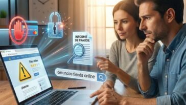 Pareja analizando denuncias tienda online y señales de fraude antes de comprar