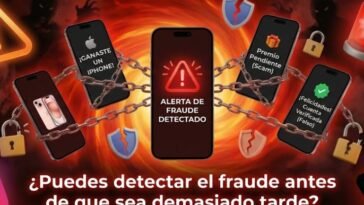 Banner horizontal sobre fraudes en redes sociales. Cinco smartphones encadenados muestran notificaciones de premios falsos como "Ganaste un iPhone" y "Alerta de Fraude". Iconos rotos de Instagram y TikTok, junto con señales de advertencia y sirenas, flotan sobre un fondo rojo tempestuoso con figuras sombrías. Texto blanco en la parte inferior: "¿Puedes detectar el fraude antes de que sea demasiado tarde?".