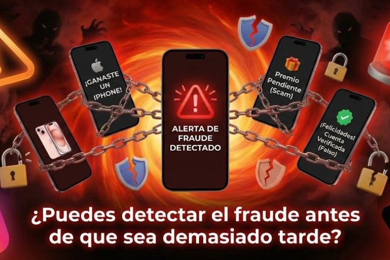 Banner horizontal sobre fraudes en redes sociales. Cinco smartphones encadenados muestran notificaciones de premios falsos como "Ganaste un iPhone" y "Alerta de Fraude". Iconos rotos de Instagram y TikTok, junto con señales de advertencia y sirenas, flotan sobre un fondo rojo tempestuoso con figuras sombrías. Texto blanco en la parte inferior: "¿Puedes detectar el fraude antes de que sea demasiado tarde?".