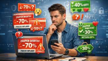 Usuario analizando ofertas online frente a su ordenador, comparando descuentos falsos del 70% con chollos reales verificados.