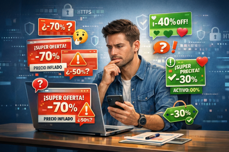 Usuario analizando ofertas online frente a su ordenador, comparando descuentos falsos del 70% con chollos reales verificados.