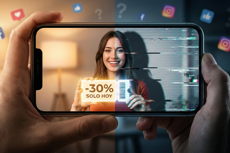 rimer plano de un smartphone mostrando un código de descuento de un influencer con efecto glitch digital, representando el riesgo de estafas en redes sociales.