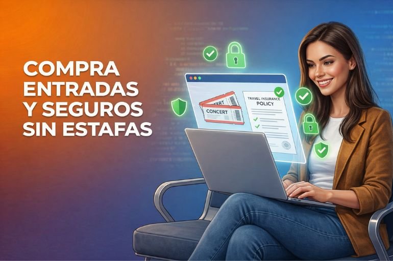 Infografía sobre cómo comprar entradas sin estafa y elegir seguros de viaje seguros mediante plataformas verificadas.