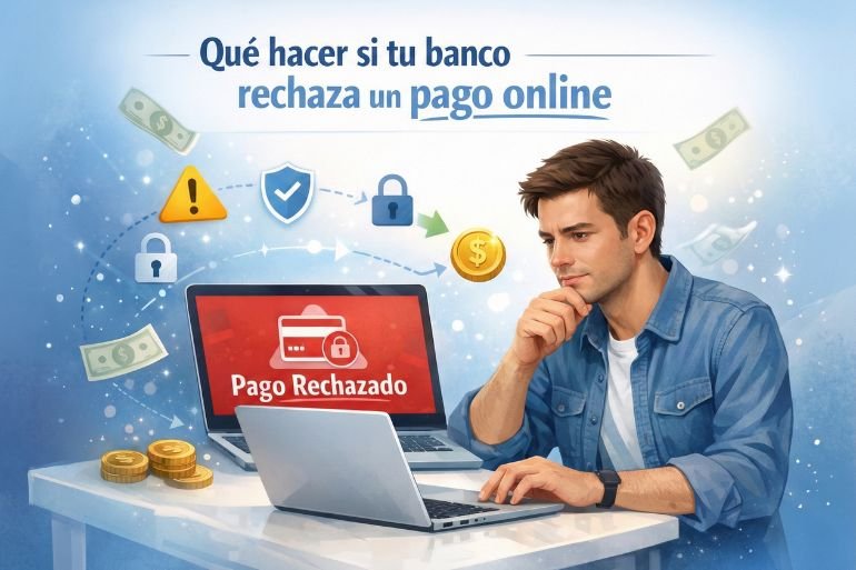 Usuario preocupado mirando un mensaje de "Pago Rechazado" en su portátil. Infografía sobre cómo desbloquear una tarjeta bancaria para compras online.