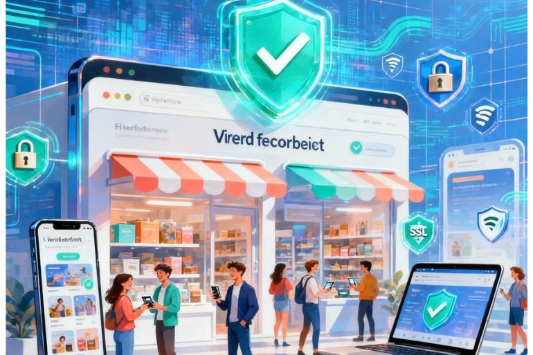 Verificar tiendas marketplace en 2026: compradores felices navegando en un marketplace seguro con tiendas verificadas