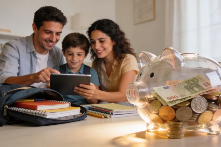 Familia planificando la vuelta al cole ahorro con material escolar y presupuesto en casa