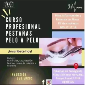 Cartel informativo del curso profesional de pestañas pelo a pelo en Fuengirola impartido por AC Academia de Belleza