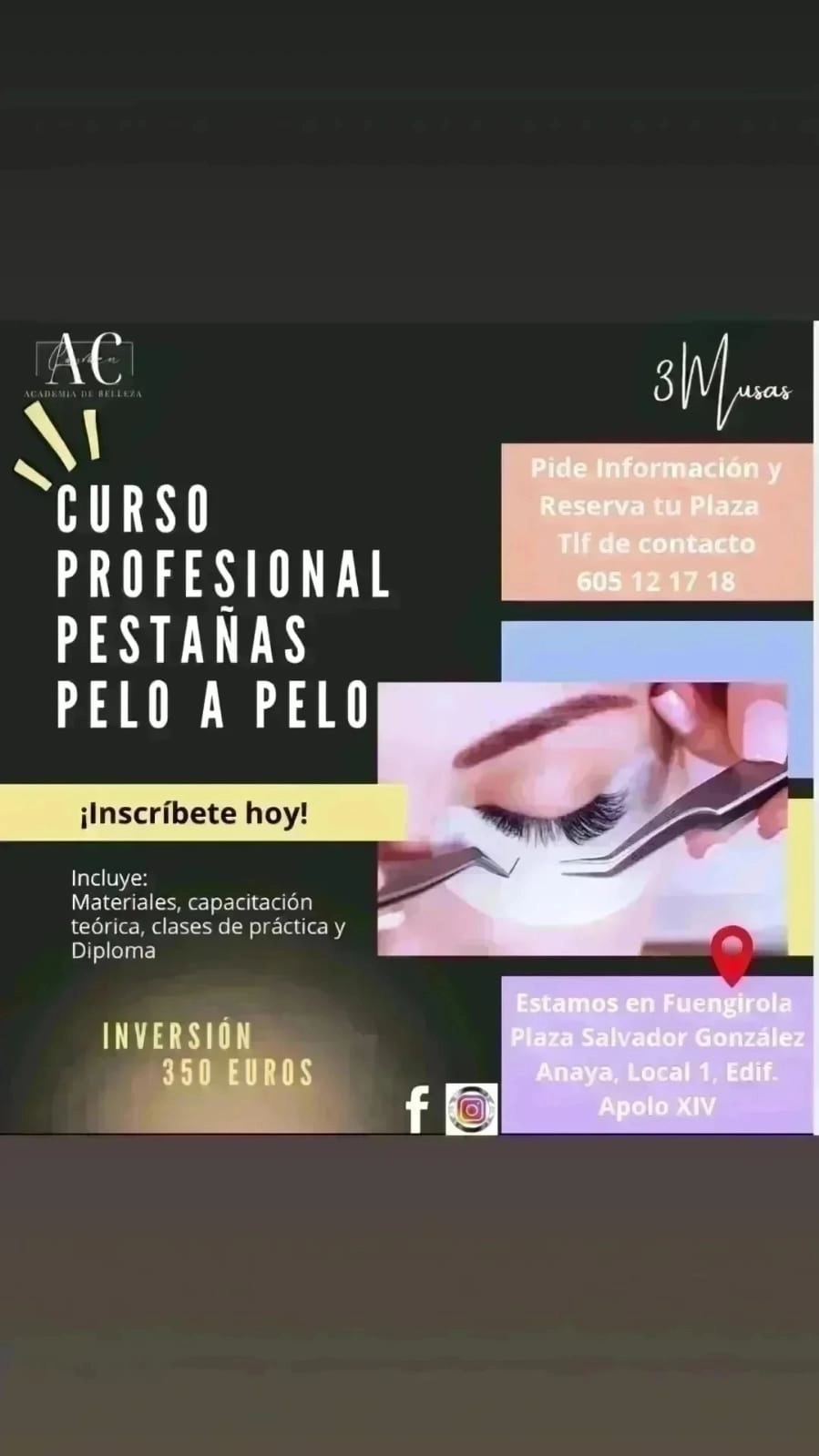 Cartel informativo del curso profesional de pestañas pelo a pelo en Fuengirola impartido por AC Academia de Belleza