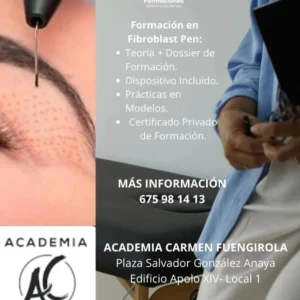 Cartel informativo de la formación en Fibroblast Pen en Fuengirola organizada por CG Formaciones y Academia Carmen