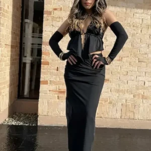 VESTIDO 3 PIEZAS TOP FALDA Y GUANTES