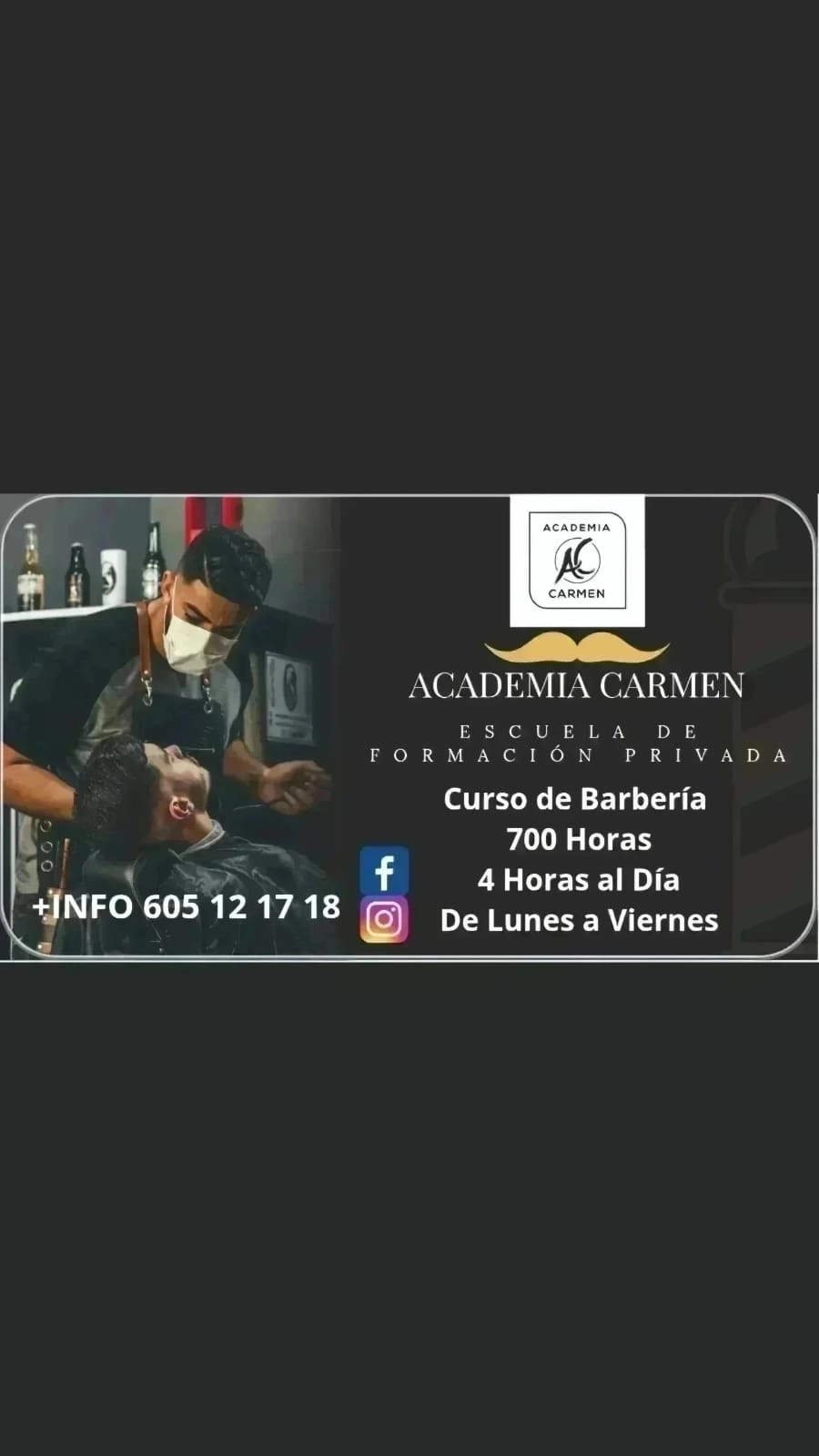 : Cartel informativo del curso de barbería en Fuengirola impartido por la escuela de formación privada Academia Carmen