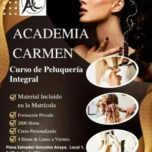 Cartel promocional del curso de peluquería integral en Fuengirola de 2000 horas impartido por Academia Carmen