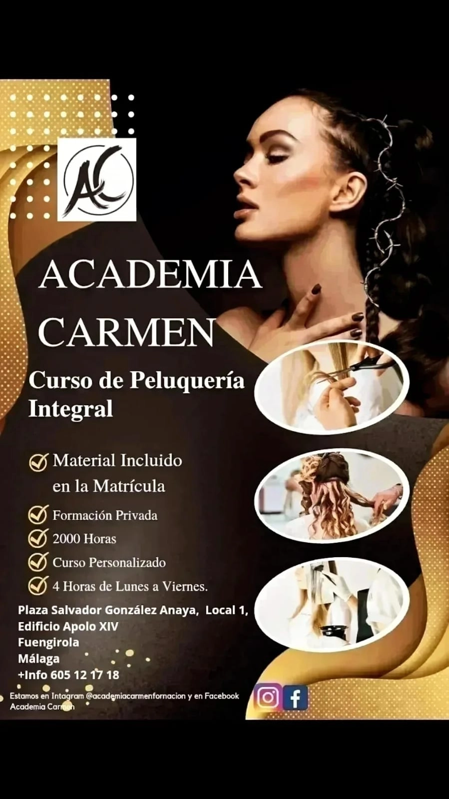 Cartel promocional del curso de peluquería integral en Fuengirola de 2000 horas impartido por Academia Carmen