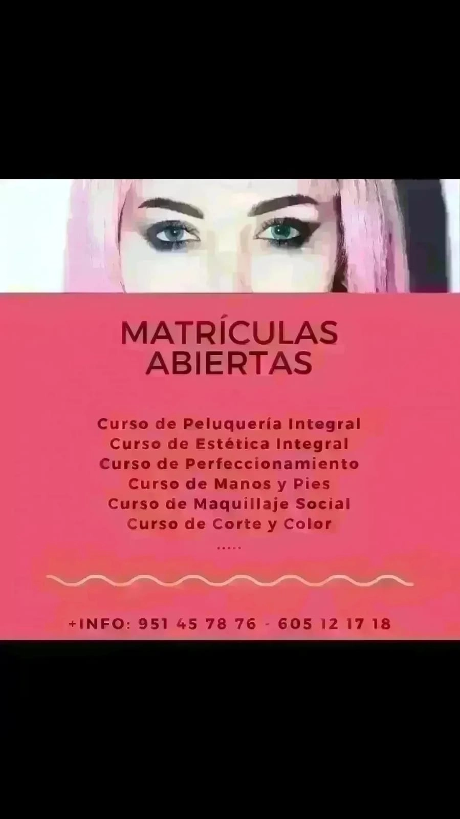 Cartel anunciando las matrículas abiertas para los cursos de estética y peluquería en Fuengirola